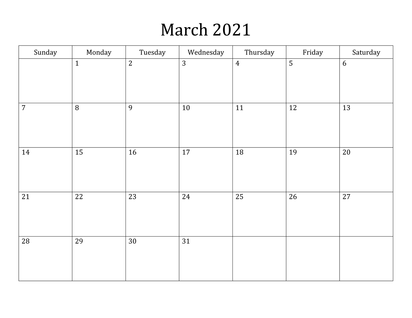 March 2021 Calendar Free Printable