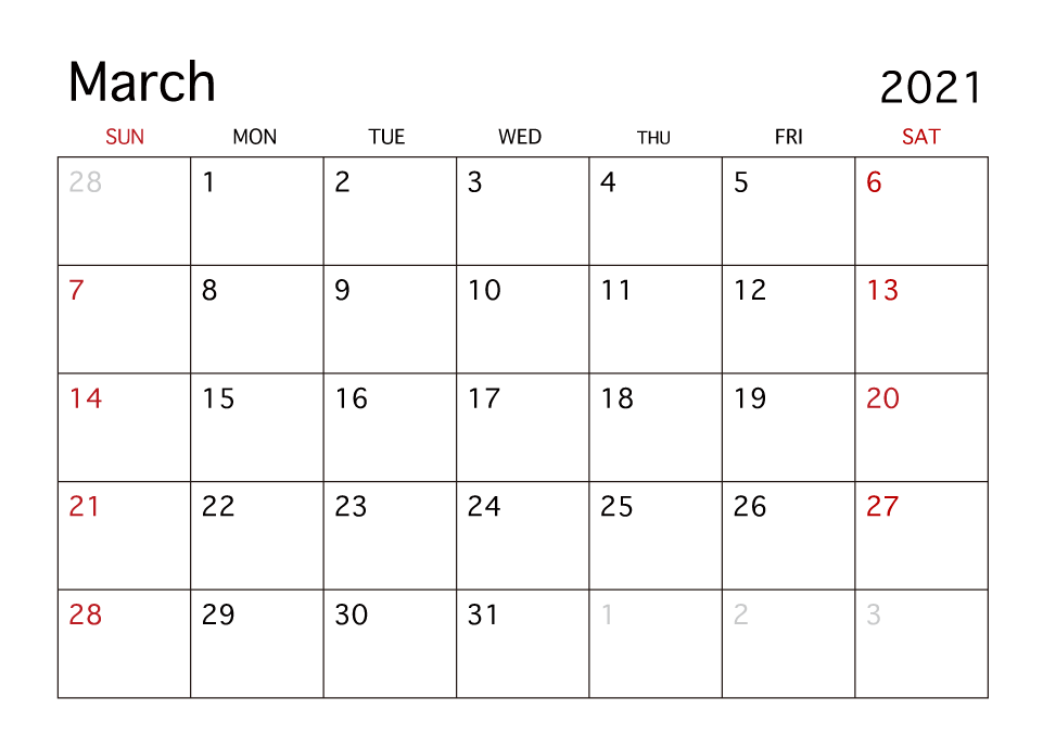 March 2021 Calendar Printable Excel