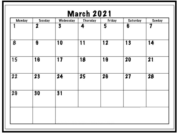 March 2021 Calendar Template Colorful Turquoise