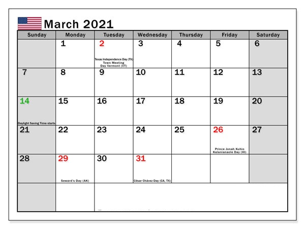 March 2021 Calendar Template Excel