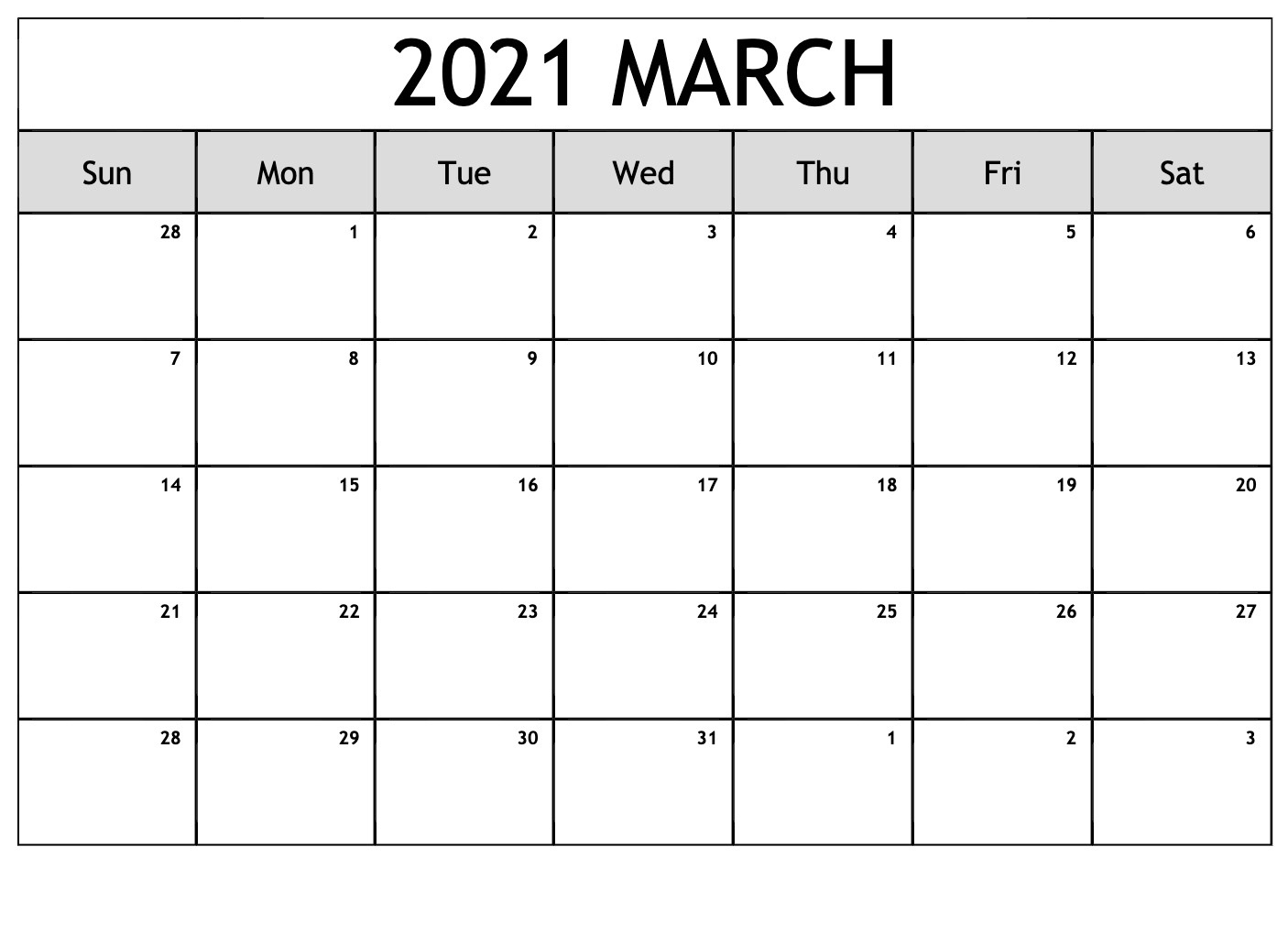 March 2021 Calendar Template Monday Start