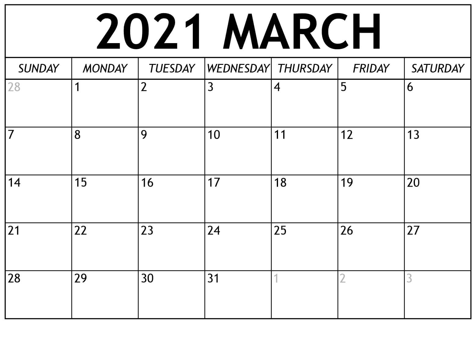 March 2021 Calendar Template Word