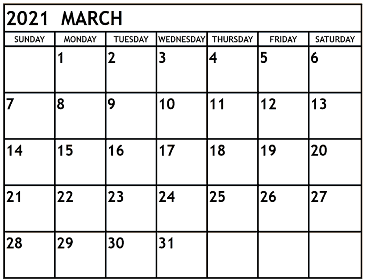 March 2021 Monthly Calendar Printable