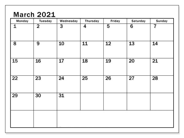 March 2021 Monthly Calendar Template