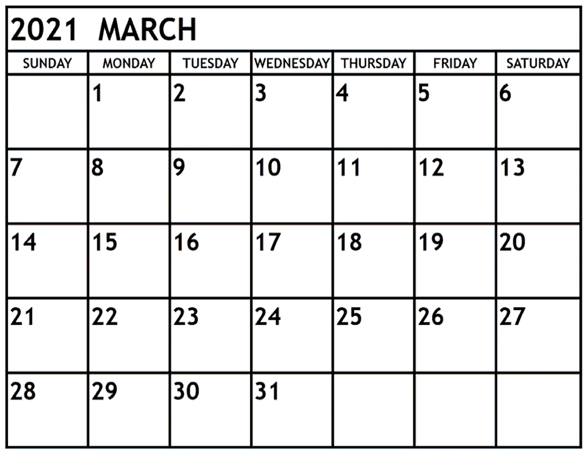 March 2021 Weekly Calendar Blank