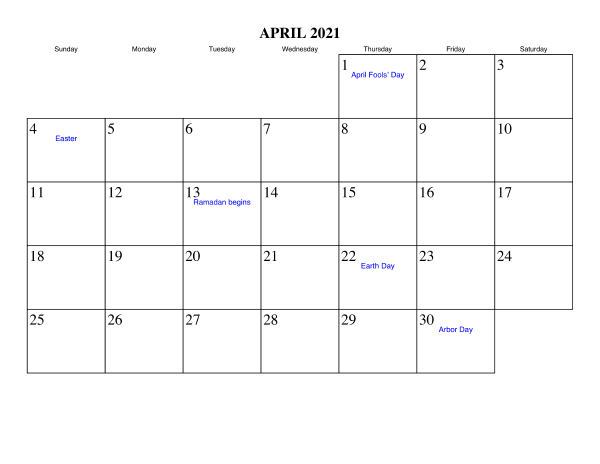 April 2021 Blank Calendar Print