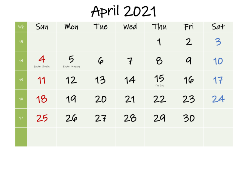 April 2021 Calendar Printable Blank