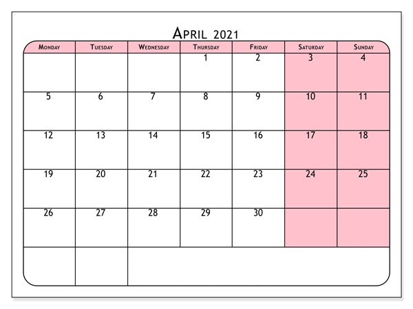 April 2021 Calendar Printable PDF