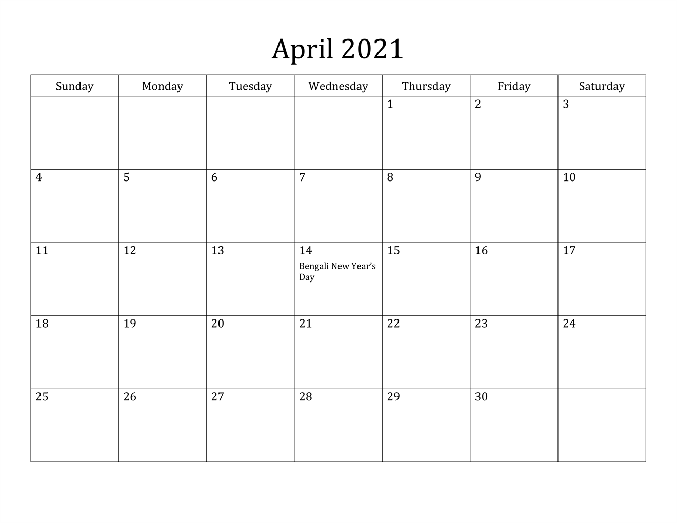 April 2021 Calendar Printable PDF