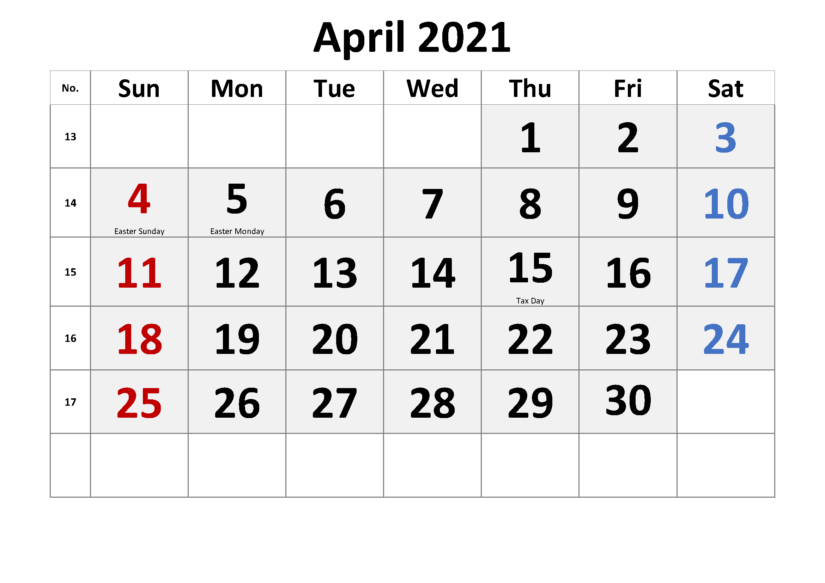 April 2021 Calendar Printable Waterproof