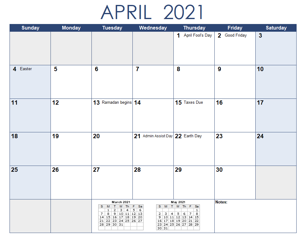 April 2021 Calendar Template With Holidays