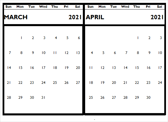 April 2021 Calendar Template for Offices