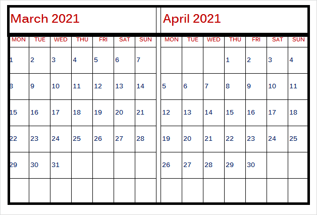 April 2021 Printable Calendar Africa