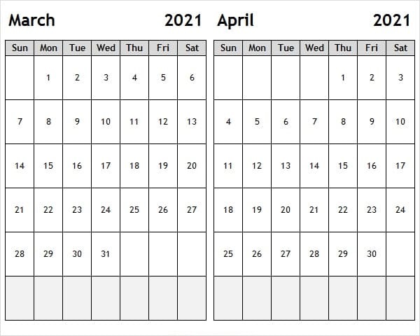 April 2021 Printable Calendar Blank