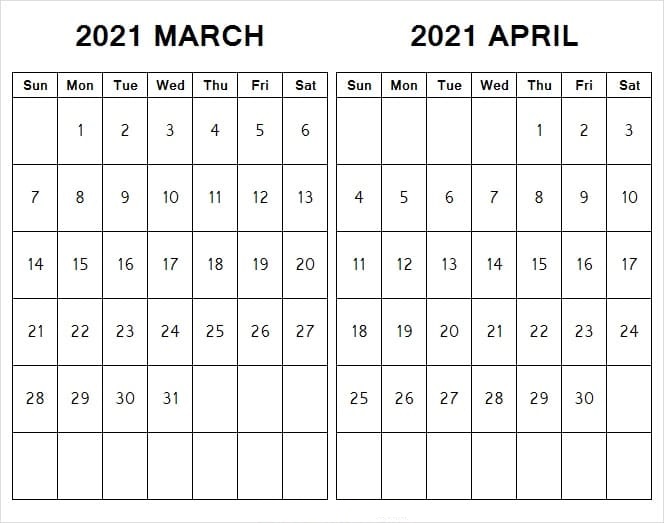 April 2021 Printable Calendar Canada