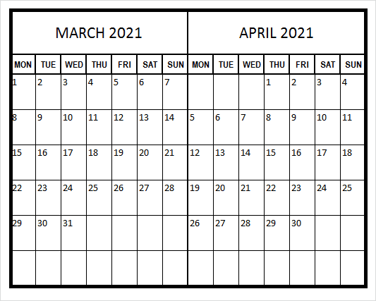 April 2021 Printable Calendar Excel