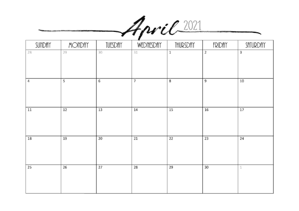 April 2021 Word Calendar Template