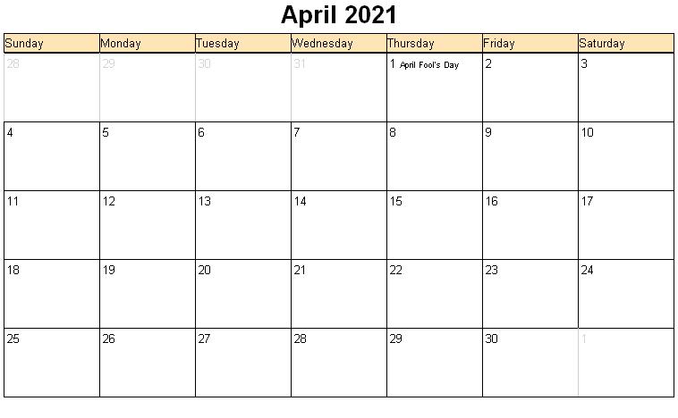 Blank April 2021 Calendar Printable