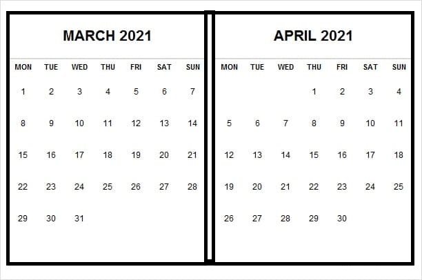 March April 2021 Calendar Printable