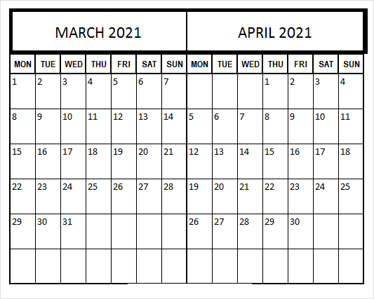 Printable April 2021 Calendar Template