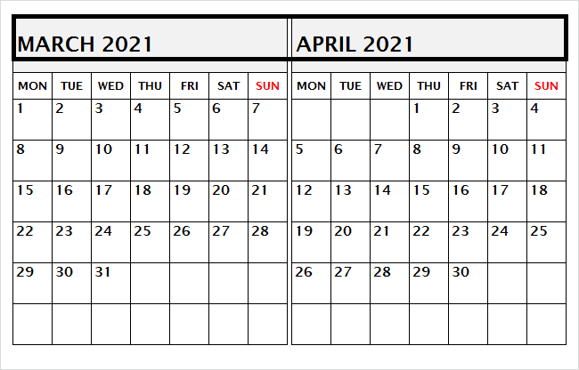 Printable April 2021 Calendar Word