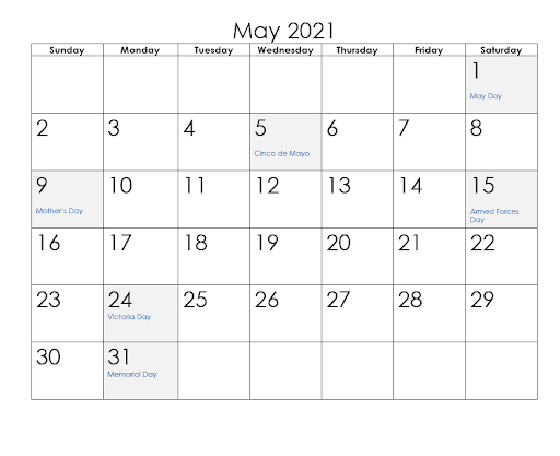 April May 2021 Printable Calendar