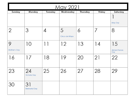 May 2021 Calendar with Bank Holidays UK
