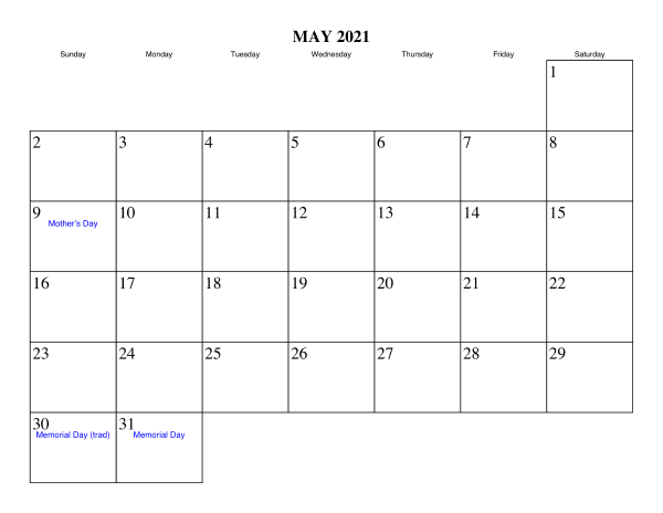 May 2021 Printable Calendar Monthly Weekly