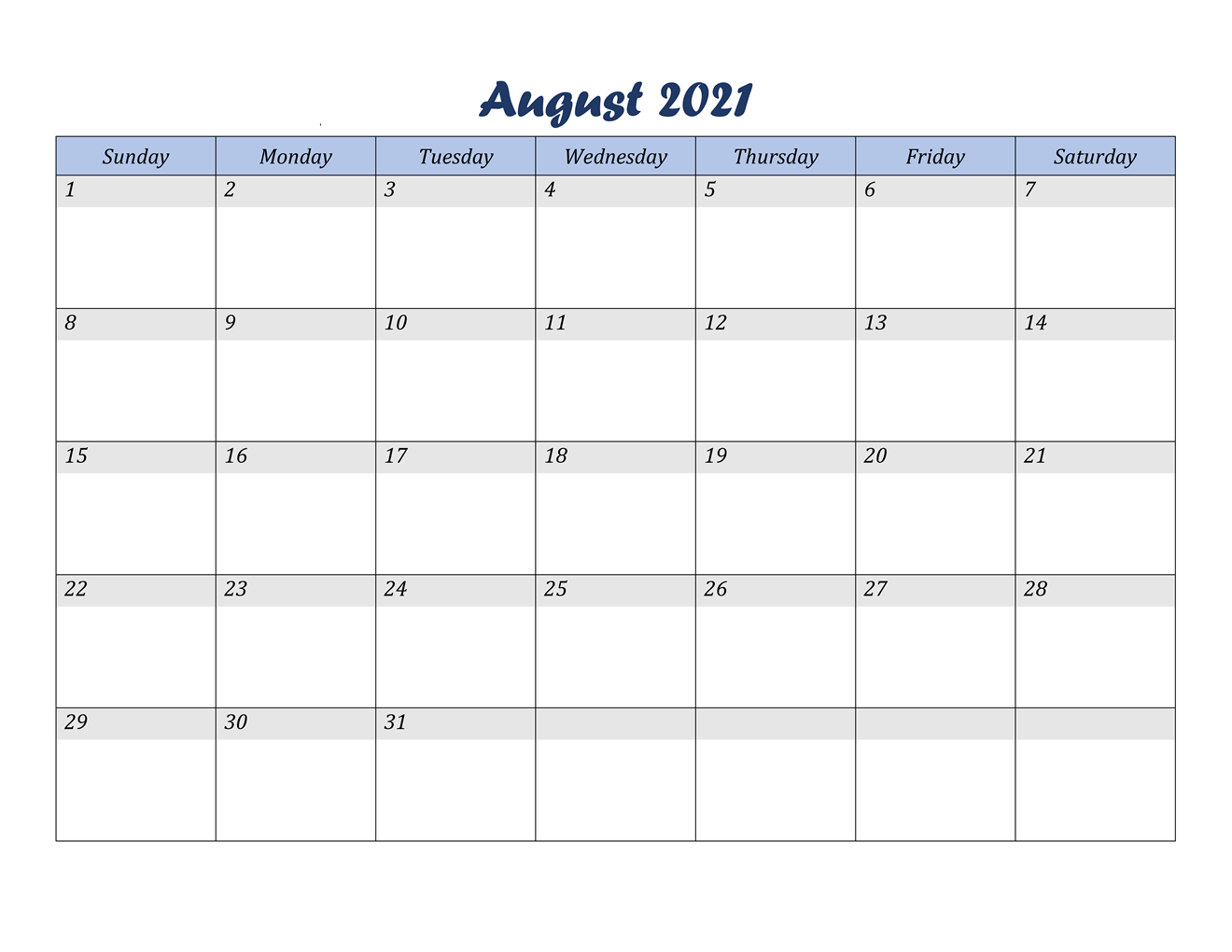 2021 August Calendar Printable Free