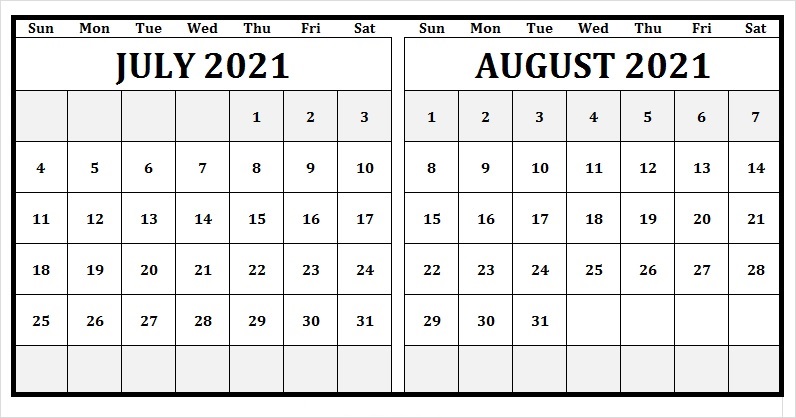 2021 August Calendar Printable