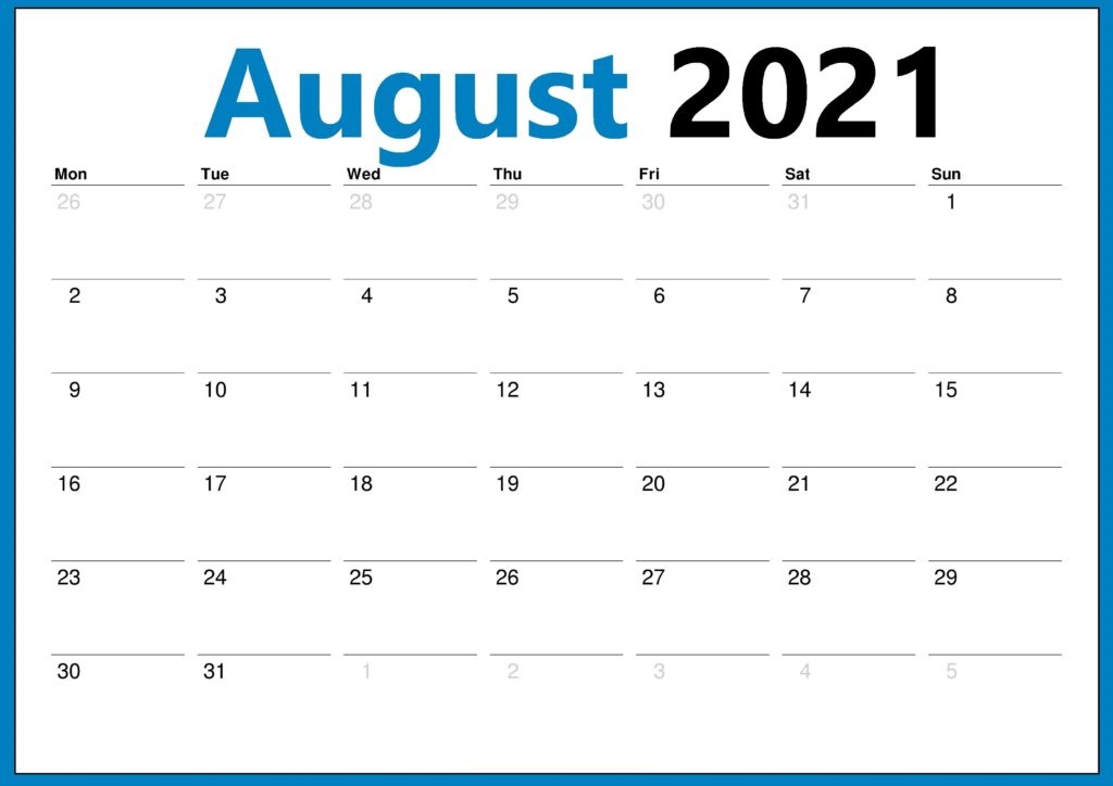 2021 August Calendar With Holidays