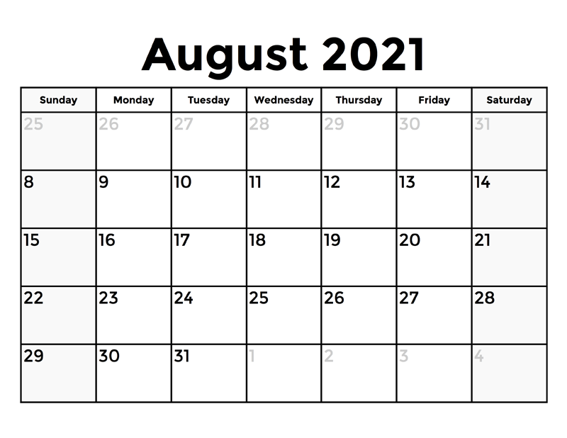 2021 August Calendar