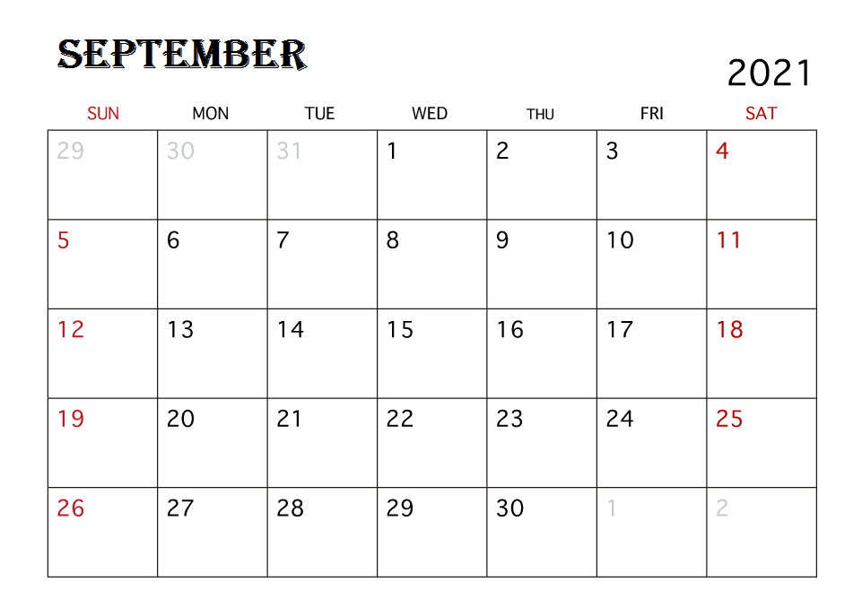 2021 Calendar September Month