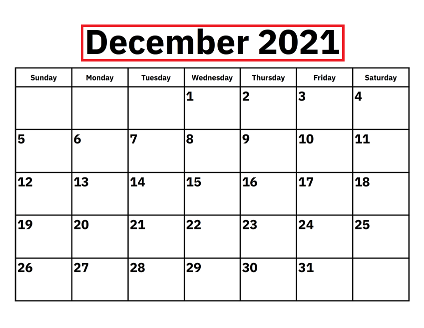 2021 December Calendar Canada