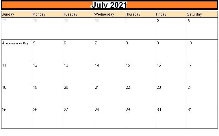 2021 July Calendar Printable Free