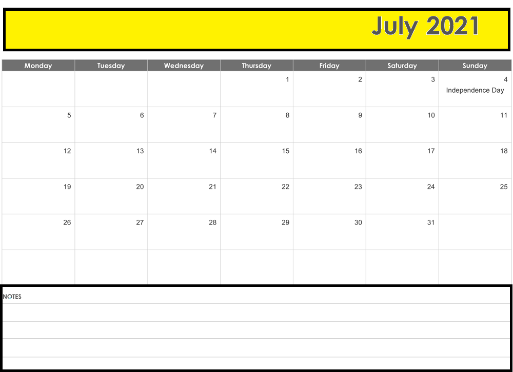 2021 July Calendar Printable