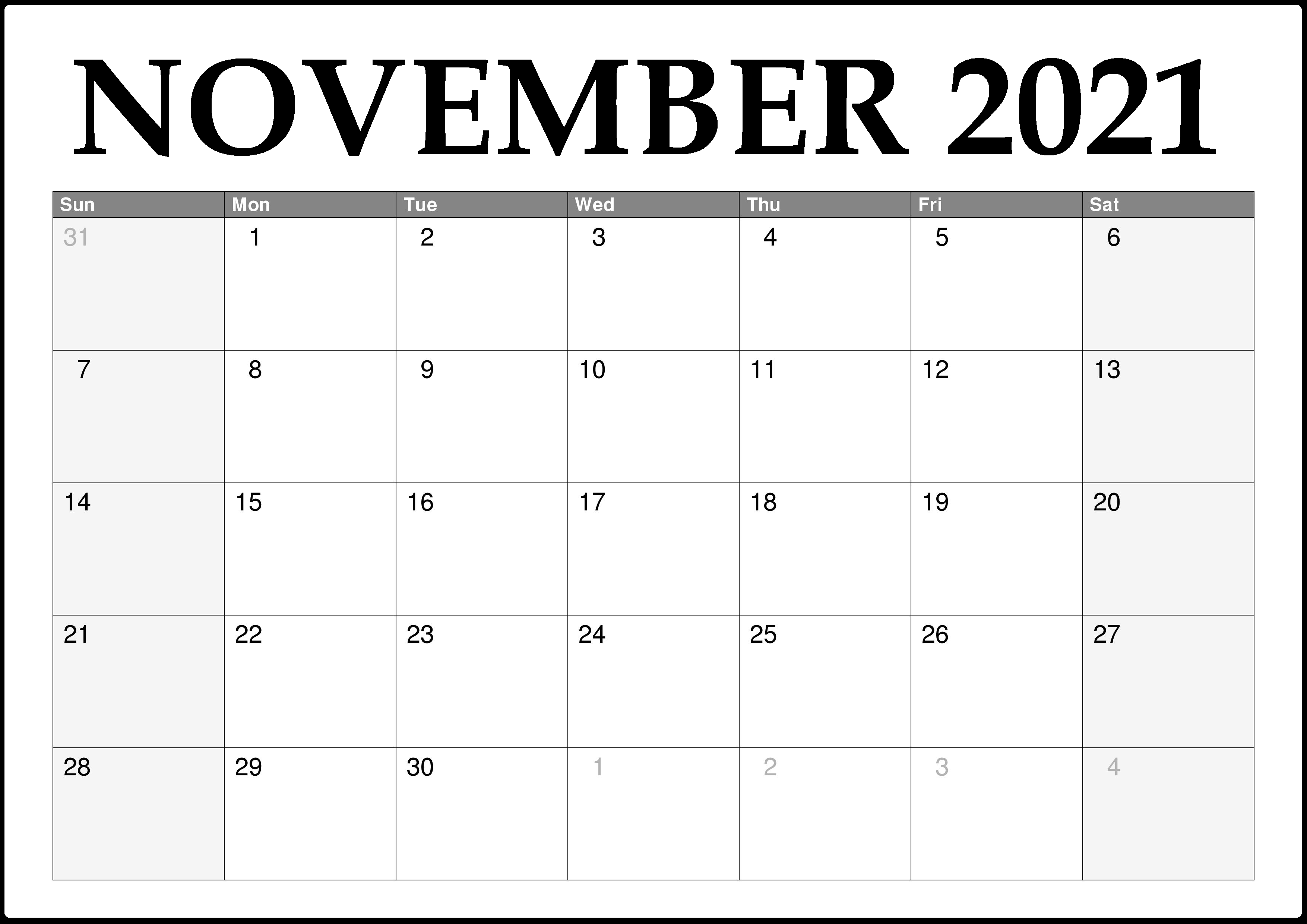 2021 November Calendar Canada