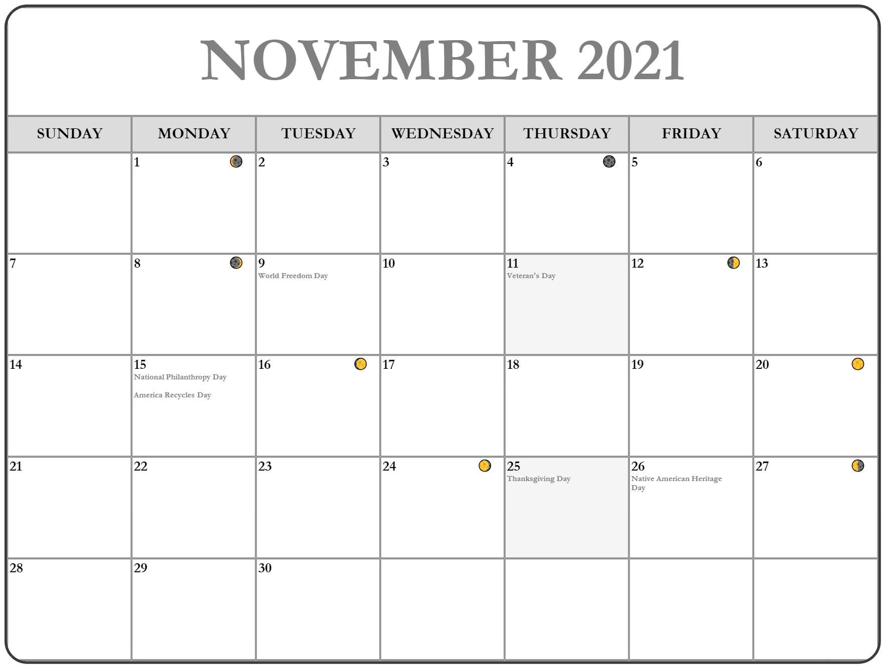 2021 November Calendar Thanksgiving