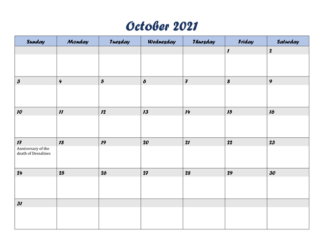 2021 October Calendar Month