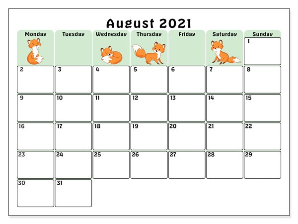 August 2021 Blank Calendar Landscape