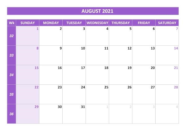 August 2021 Blank Calendar Monthly