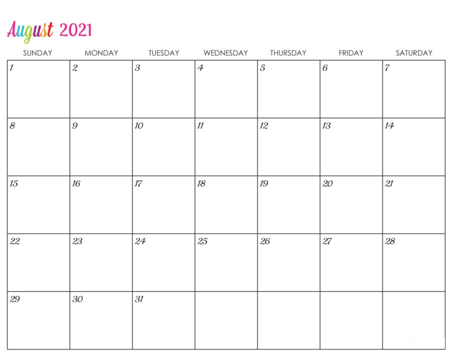 August 2021 Blank Calendar Print