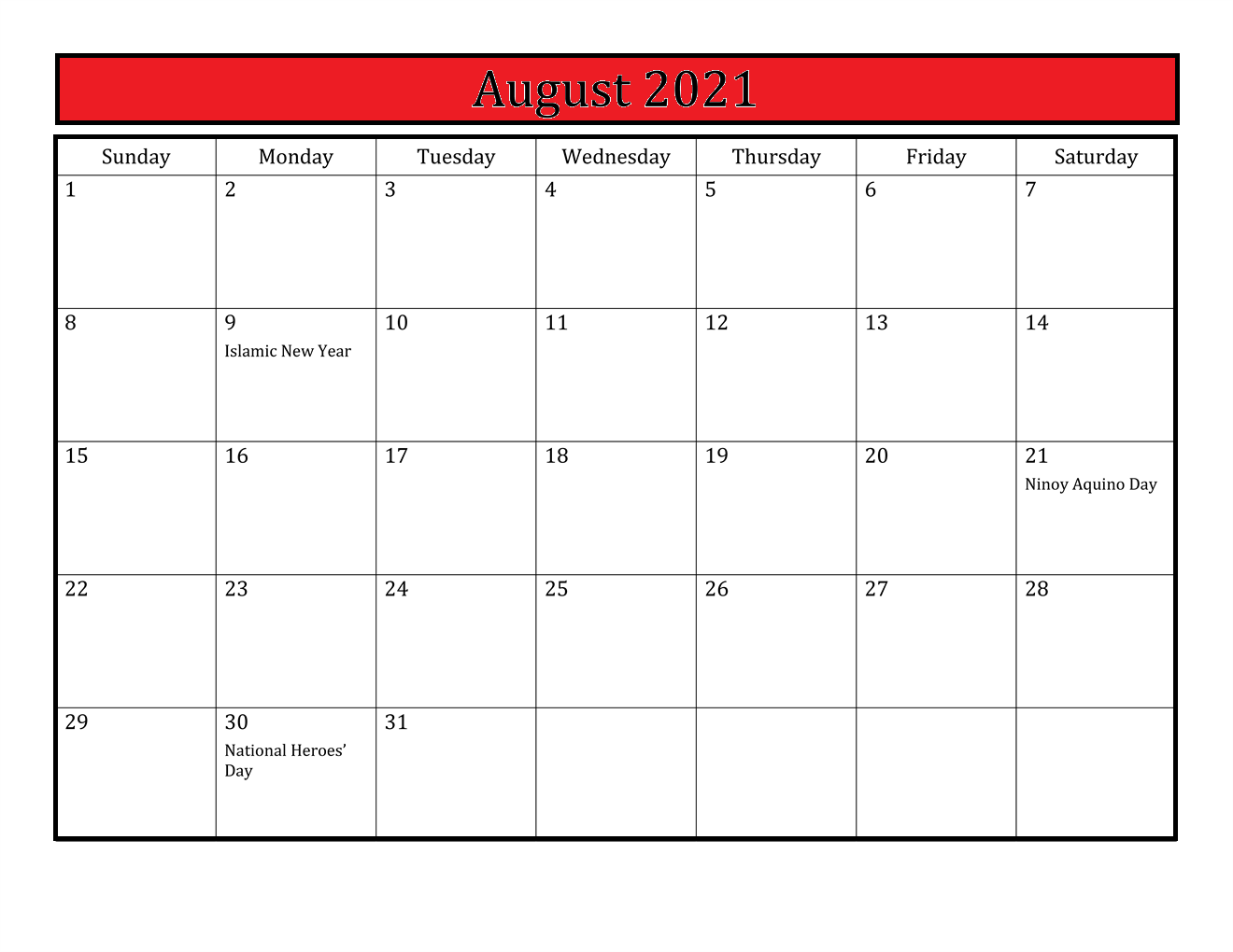 August 2021 Blank Calendar Template