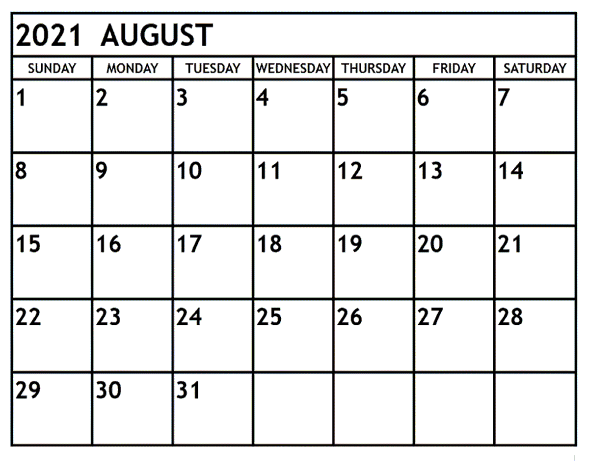August 2021 Blank Calendar With Holidays