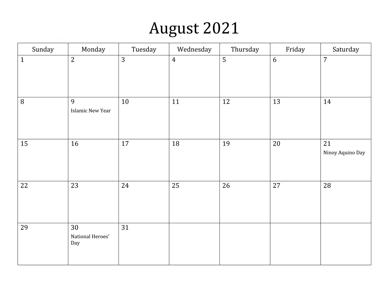 August 2021 Blank Calendar With Notes