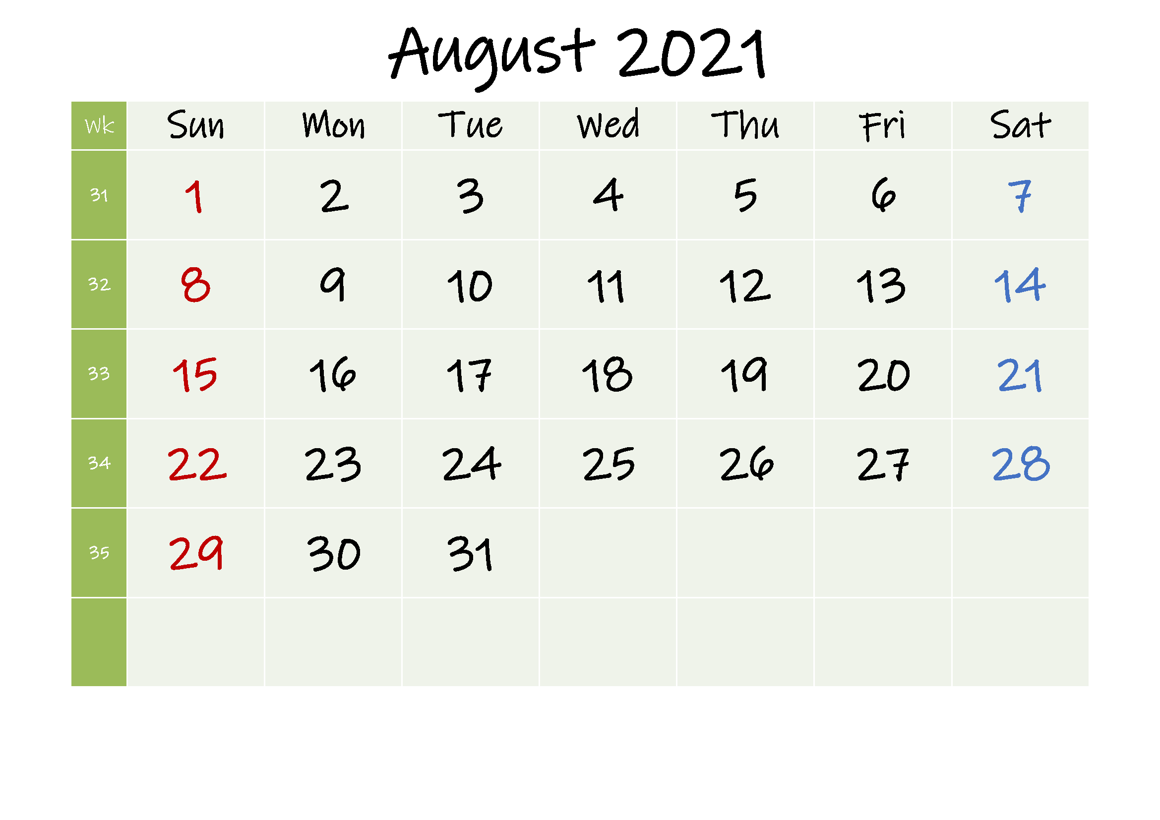 August 2021 Blank Calendar Word