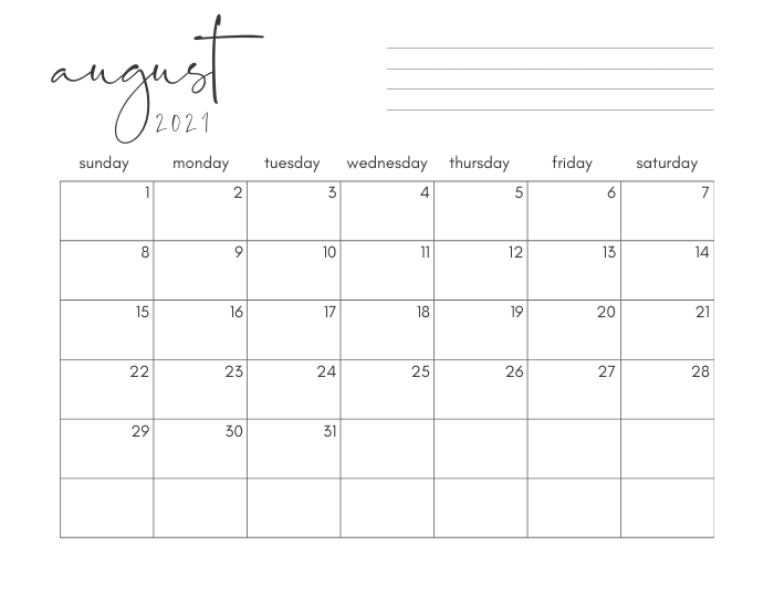 August 2021 Calendar Cute