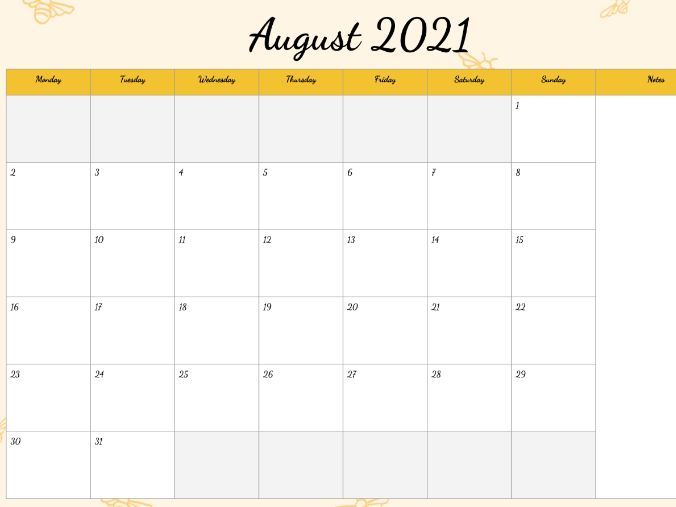 August 2021 Calendar Printable Canada