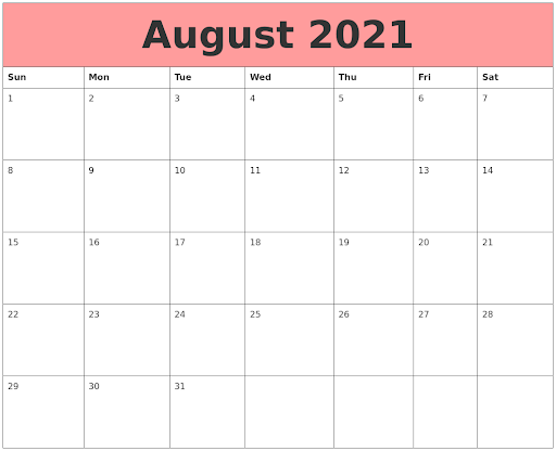 August 2021 Calendar Printable Excel