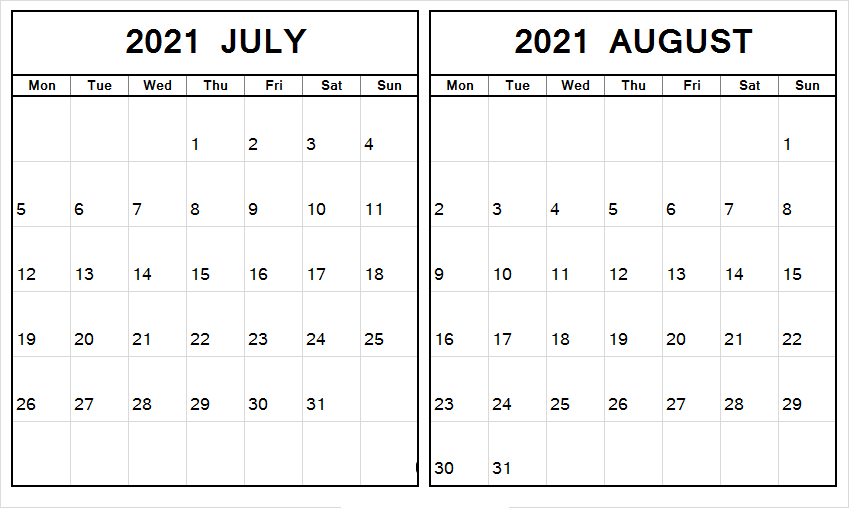 August 2021 Calendar Printable Free